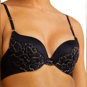 Maidenform Black Metallic Gold Rose Floral Lace Push Up Bra 36B